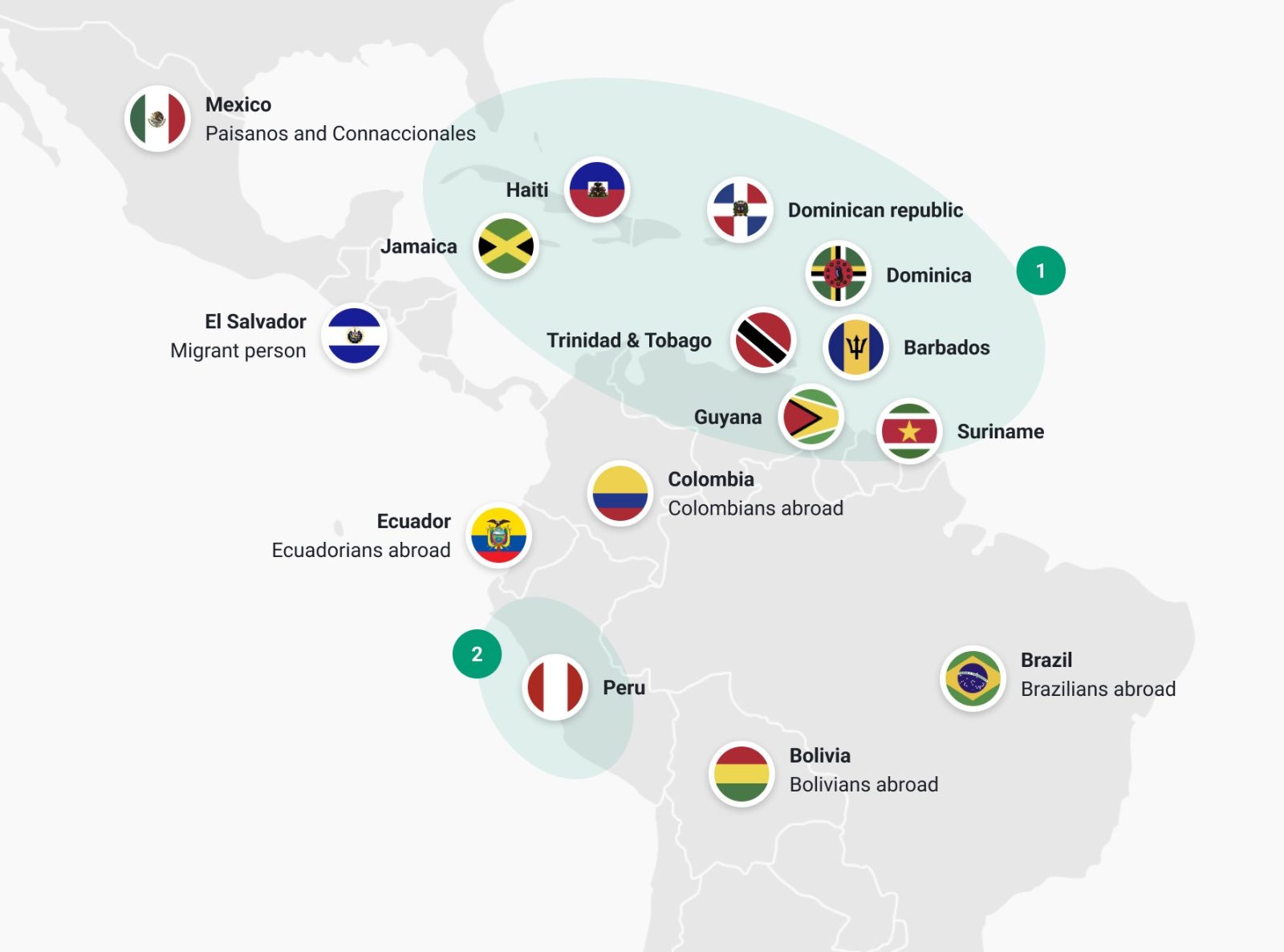 A map of Latin America and the Caribbean showing the countries which use the word "diaspora" (the Caribbean islands, Guyana, Suriname and Peru) and those which use "nationals abroad" (Mexico, El Salvador, Ecuador, Colombia, Brazil and Bolivia).