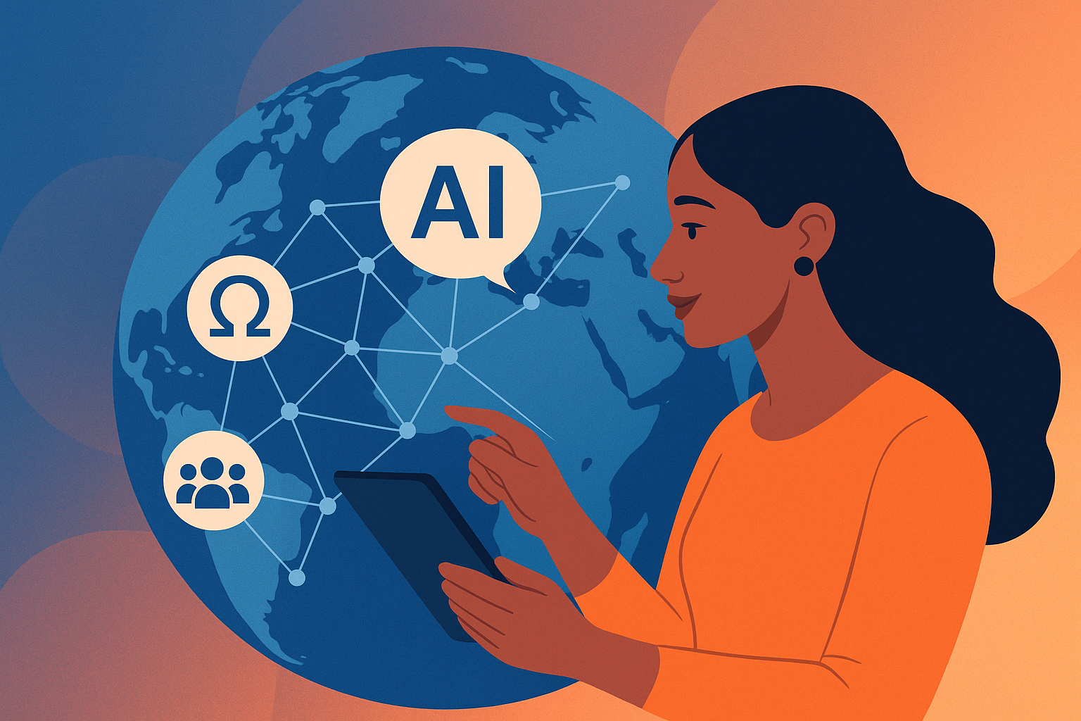 AI generated design showcasing a woman in front of a connected world with the word AI in a drawing style.